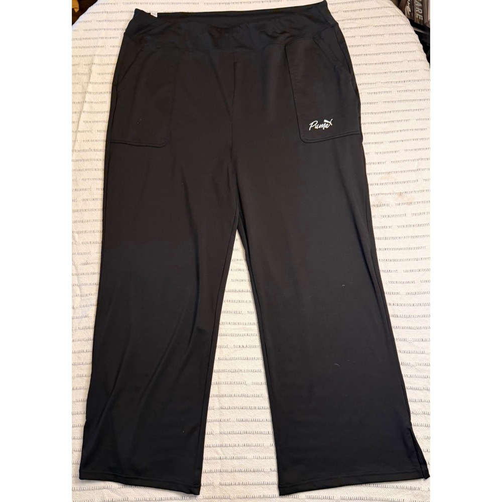 Puma Black Wide Leg Lounge Pants Script Logo Plus Size 3X Athletic Yoga Sweatpan